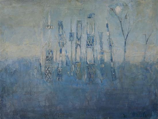 Keith Mitchell, oil on canvas, Blue Totems, signed and dated 65 50 x 65cm